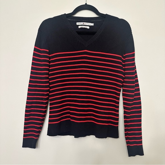 Tommy Hilfiger Cotton Sweater Navy Blue & Red Striped Women’s Sz Large Nautical - Picture 1 of 9